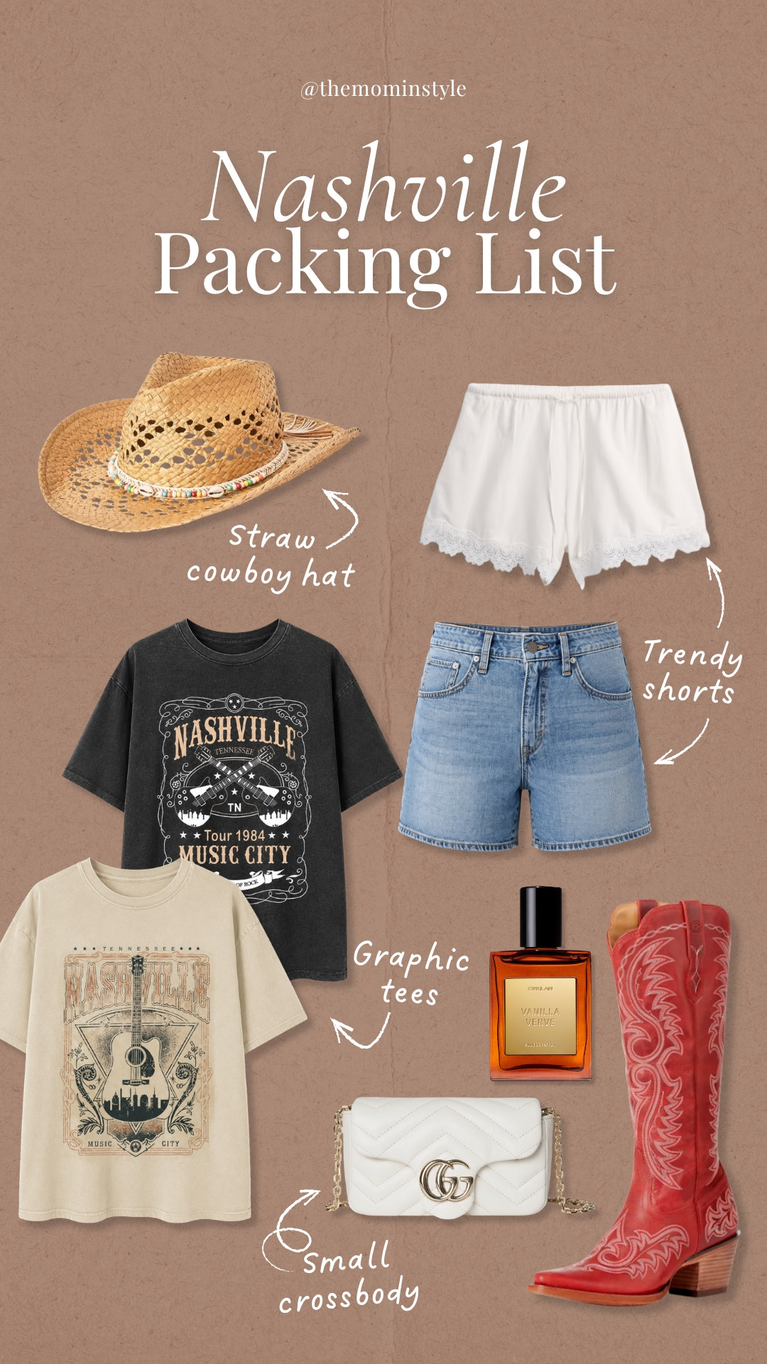 Planning a girls’ trip to Nashville this summer? Don’t forget the essentials to stay stylish and comfy all weekend long! Pack trendy shorts, graphic tees, a small crossbody, and your favorite cowboy boots for the perfect Music City look. Top it off with a straw hat and your go-to perfume to feel ready for every photo op and honky-tonk night.

Nashville packing list, summer trip essentials, girls trip outfits, trendy shorts, graphic tees, straw hat, small crossbody bag, cowboy boots, perfume, Nashville style, weekend trip outfits, themominstyle

#LTKootd #LTKSeasonal #LTKOver40