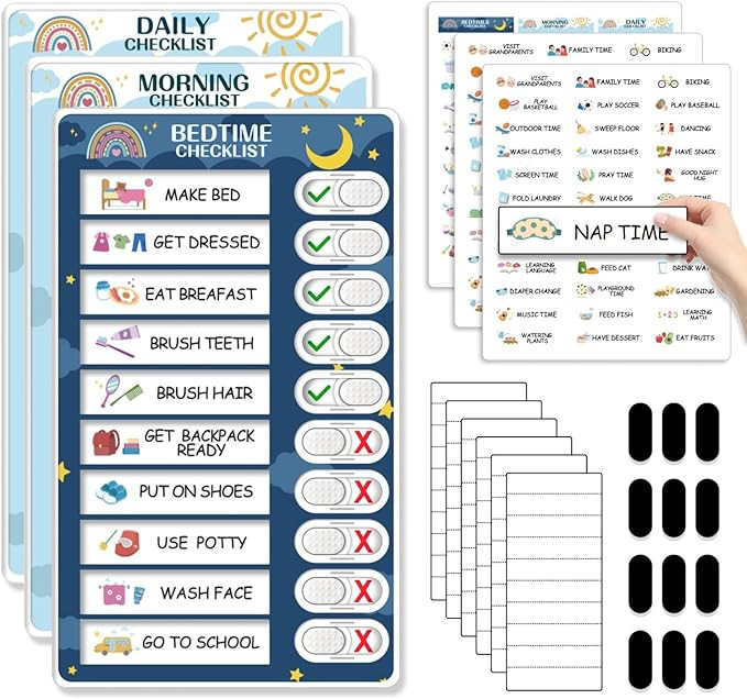 Upgraded Slider 3 in 1 Bedtime/Morning/Daily Routine Chart for Kids, Magnetic Chore Chart for Kid... | Amazon (US)