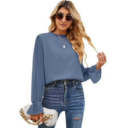 YOTAMI Women s Sweatershirts Spring and Autumn Solid Color Round Neck Temperament Ruffles Collar Dou | Walmart (US)