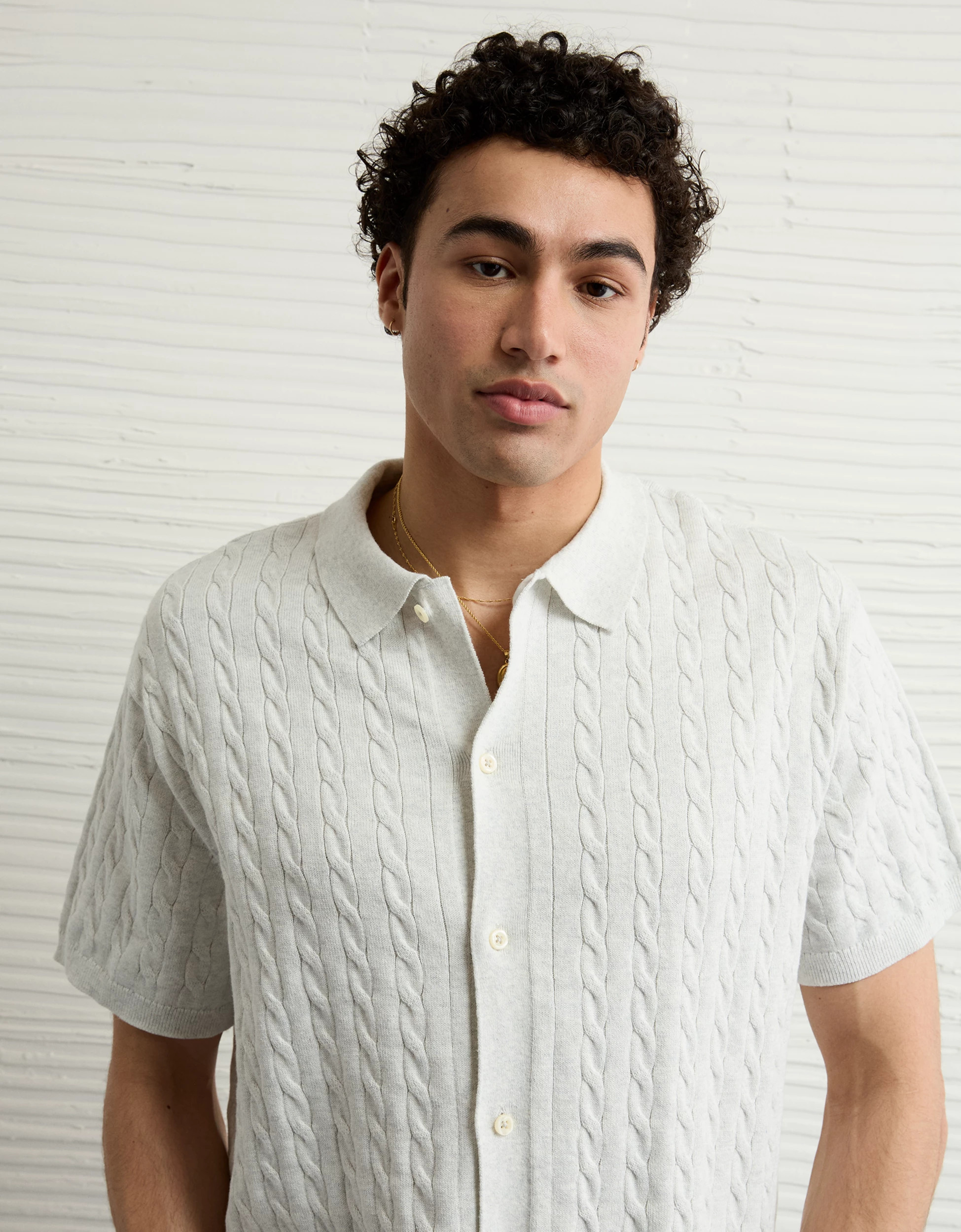 AE Weekend Cable Knit Button-Up Sweater Polo Shirt | American Eagle Outfitters (US & CA)