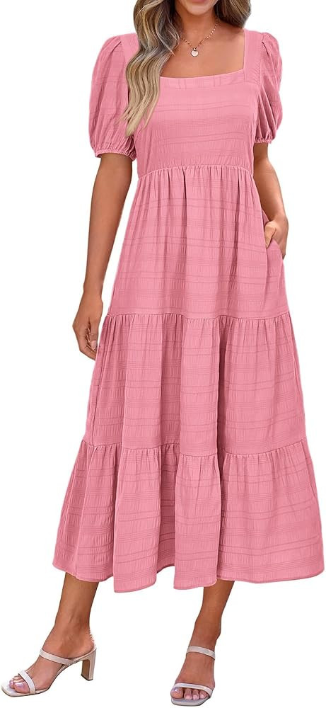 PRETTYGARDEN Summer Dresses for Women 2025 Casual Square Neck Puffy Sleeve Smocked Beach Vacation... | Amazon (US)