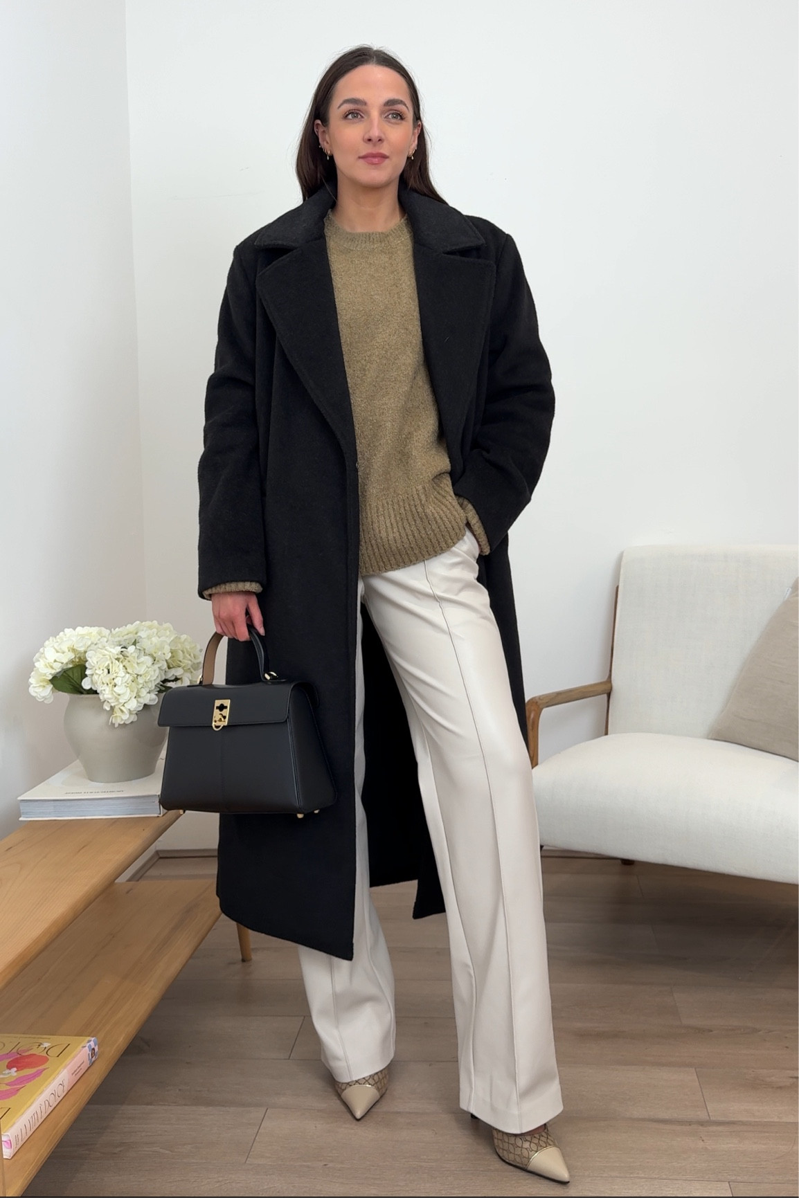 Smart casual, chic, everyday outfit, outfit inspo, capsule wardrobe, brown jumper, black coat, cream trousers, faux leather trousers, Pretty Lavish, River Island 

#LTKstyletip #LTKeurope #LTKshoecrush