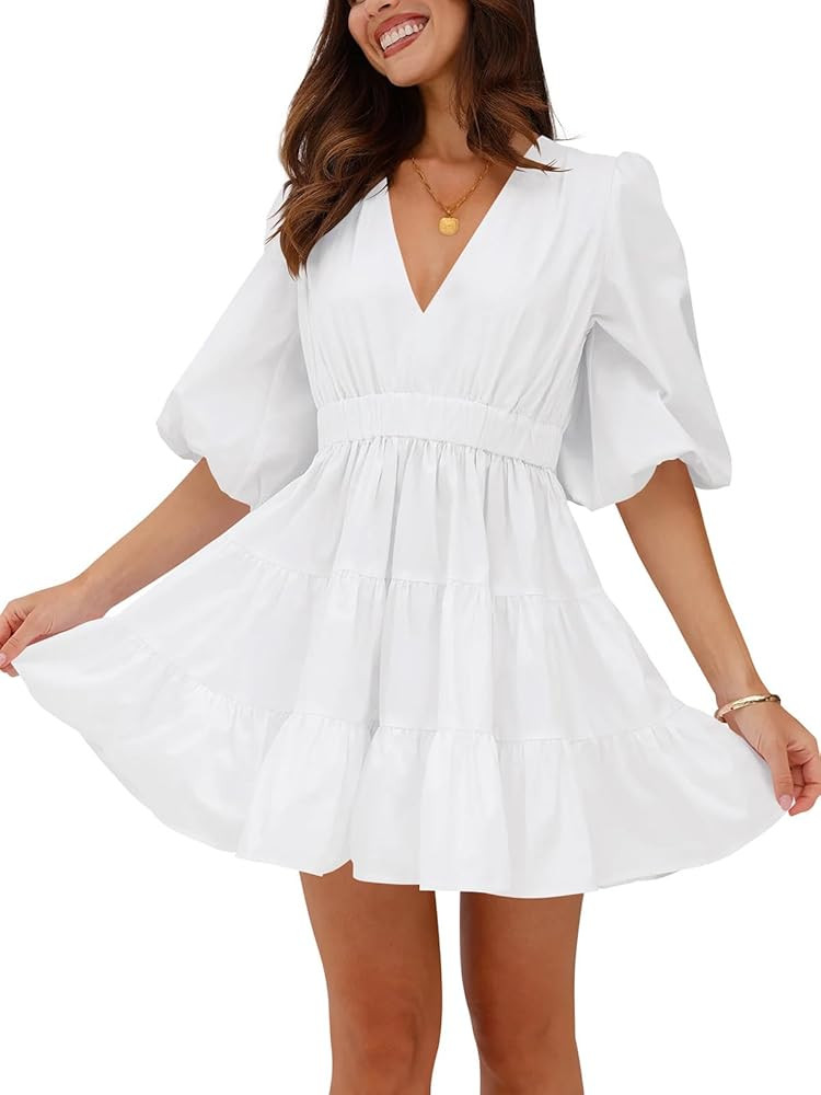 firfig Women's Casual Summer Dresses V Neck Half Sleeve Elastic Waist Flowy Tiered Short Mini Dre... | Amazon (US)