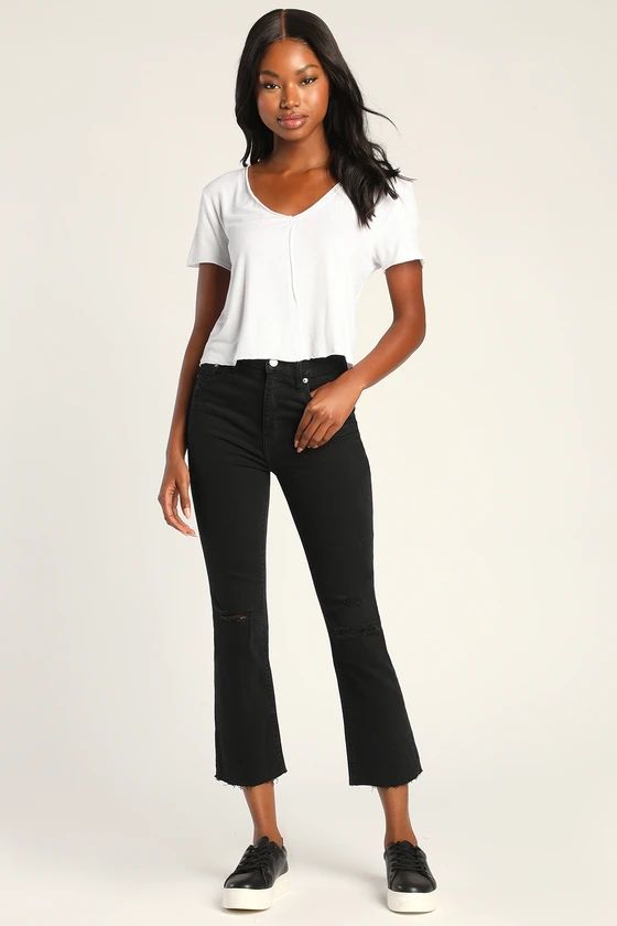Shy Girl Black Distressed High-Waisted Cropped Flare Jeans | Lulus (US)
