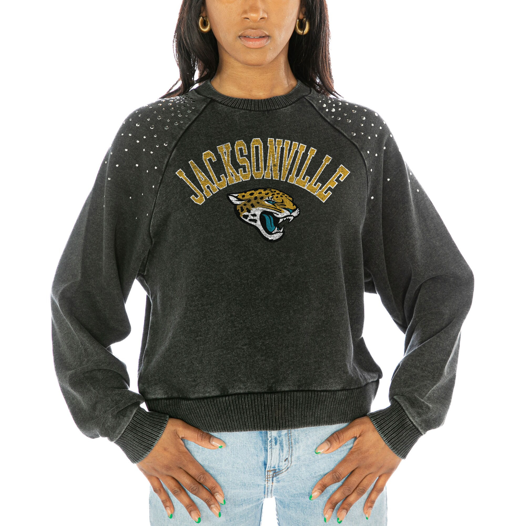Jacksonville Jaguars Gameday Couture Women's Touchdown French Terry Studded Shoulder Pullover Swe... | Fanatics