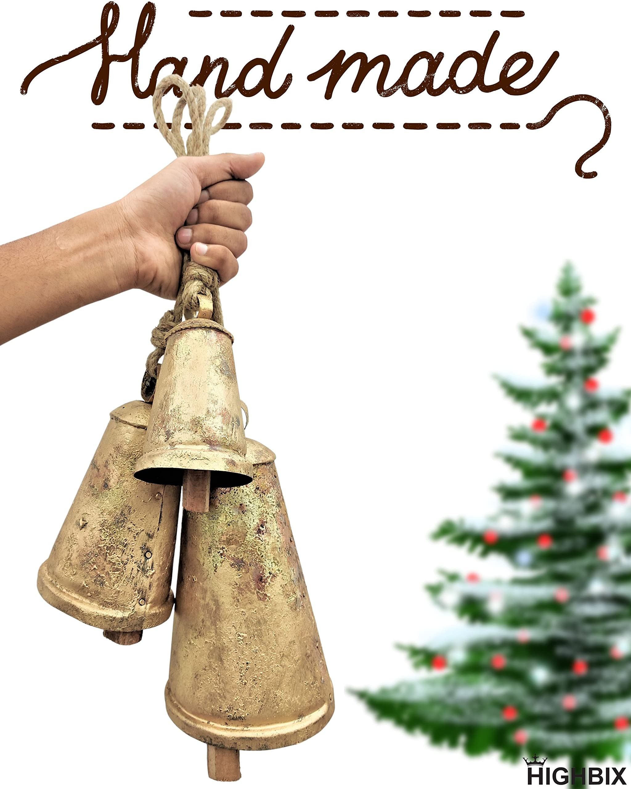 HIGHBIX Set of 3 Giant Harmony Cow Bells Huge Vintage Handmade Rustic Lucky Christmas Hanging Con... | Amazon (US)