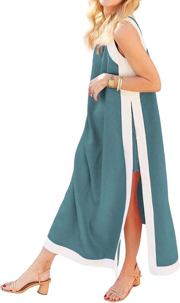 Hooever Women's 2 Piece Sets Boho Color Block Sleeveless Maxi Dress Matching Shorts with Pockets | Amazon (US)