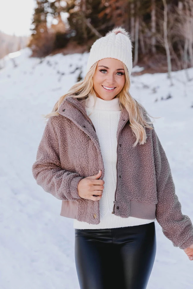 Truthfully Right Mocha Teddy Bomber Jacket | The Pink Lily Boutique