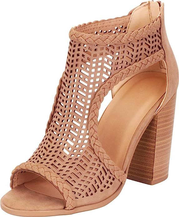 Cambridge Select Women's Open Toe Laser Cutout Caged Chunky Block High Heel Ankle Bootie | Amazon (US)