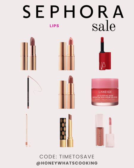 Use code: TIMETOSAVE

Favorite lip products from sephora sale. Must have is the Charlotte Tilbury pillow talk regular or medium. 

Colors include -
Charlotte Tilbury - pillow talk medium, pillow talk regular, bitch perfect. 
Fenty - universal glass in nude. 
Gucci - Lynette rose  
Lip liners - Anastasia Beverly Hills in deep nude, Selena Gomez in nude  
Lip mask is amazing   
Nars lipstick - 