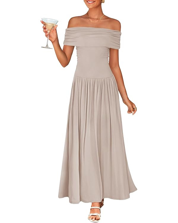 ZESICA Women's Off The Shoulder Maxi Dress 2025 Summer Sleeveless Casual Slim Swing Pleated Forma... | Amazon (US)