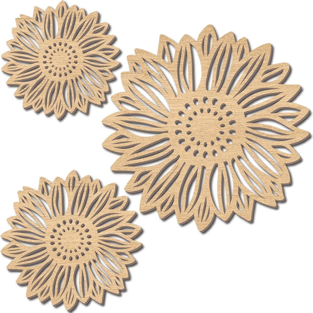 CREATCABIN 3Pcs Flowers Wood Wall Decor Wooden Sunflower Wall Art Decoration Hanging Set Hollowin... | Amazon (US)