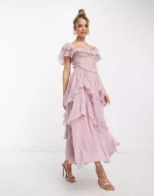 ASOS DESIGN flutter sleeve ruched corset detail tiered midi dress in mauve | ASOS (Global)