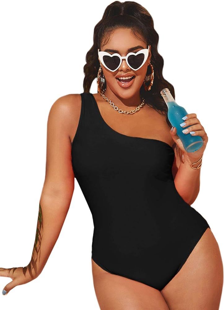 MakeMeChic Women's Plus Size One Shoulder High Waist One Piece Swimsuit Swimwear | Amazon (US)