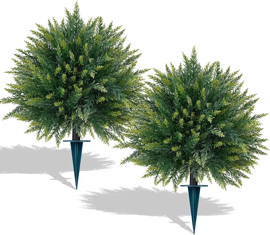2 Pack Artificial Cedar Topiary Ball Trees with Ground Spike,23" | Amazon (US)