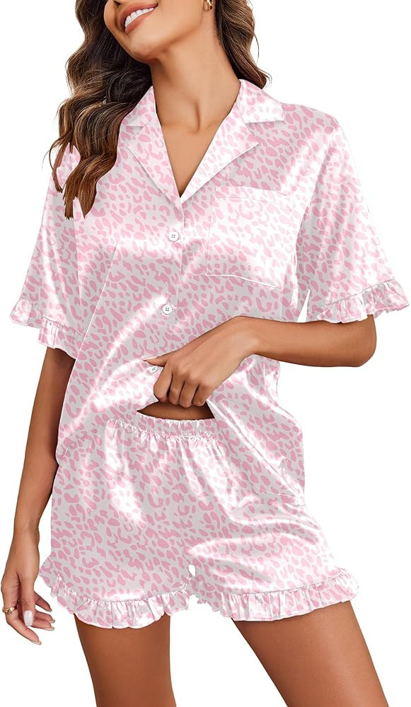 Ekouaer Satin Pajama Set for Women Button Down Silk 2 Piece Pj Sets Ruffle Short Sleeve Sleepwear | Amazon (US)