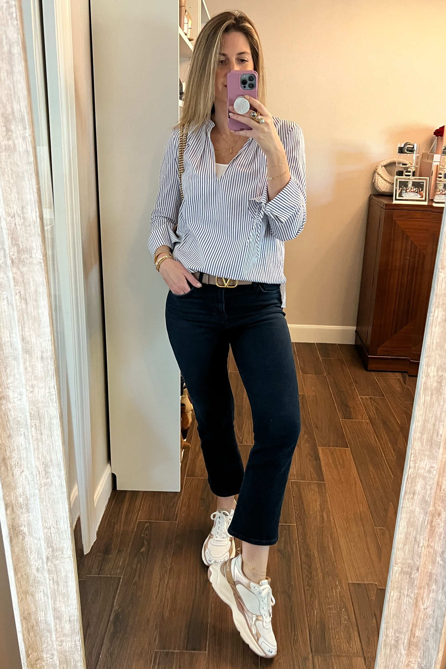 Not a big fan of dress shirts, but found this pinstriped beauty and fell in love! Pair with trousers or denim. Wearing a size 8. It’s on mega sale!

Denim runs TTS. Wearing size 28.
Sneakers run small. Wearing size 11.

#LTKsalealert