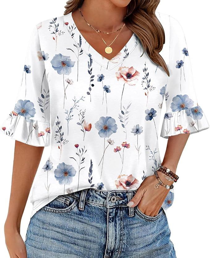 Zeagoo Womens Tops Casual V Neck Shirts Floral Solid Blouse Ruffle Tunics 3/4 Sleeve Tshirt S-XXL | Amazon (US)