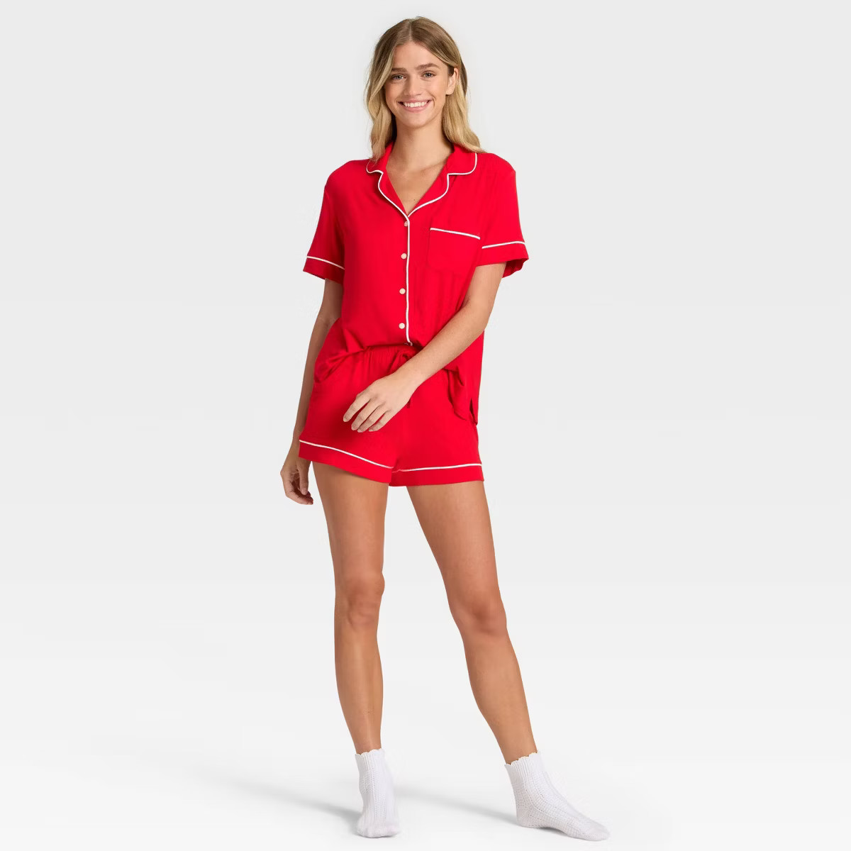 Women's Cloud Knit Modal Short Sleeve Notch Collar Top and Shorts Pajama Set - Auden™ | Target