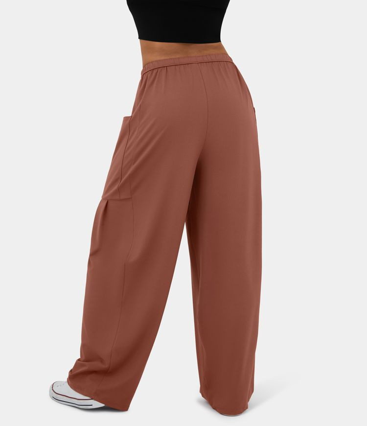 Mid Rise Elastic Waistband Drawstring Side Pocket Palazzo Flowy Wide Leg Casual Pants | HALARA