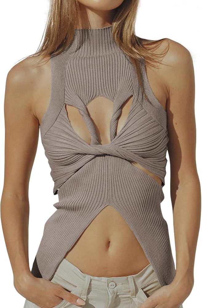Women Strapless Crop Top Sexy Hollow Out Twist Front Knitted Tank Tops Sleeveless Y2K High Neck C... | Amazon (US)