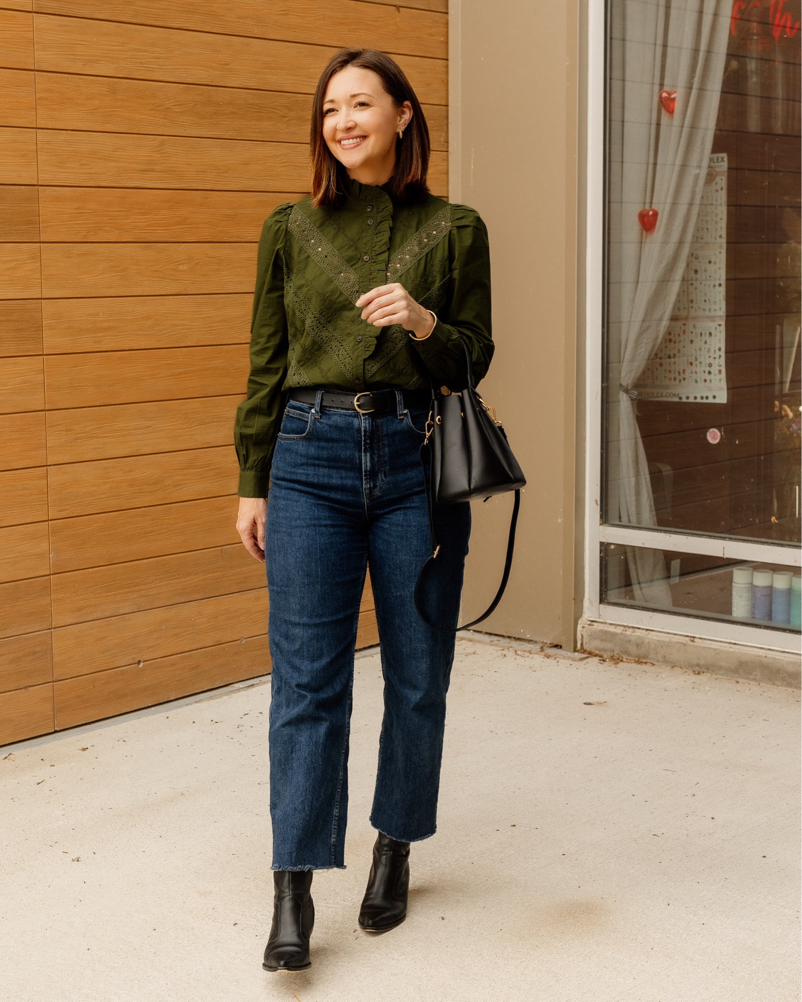 Perfect fall outfit with olive green, black and denim. This blouse is perfection and runs tts. Jeans are also tts. Jewelry is always Sela Designs

#LTKSeasonal #LTKStyleTip #LTKOver40