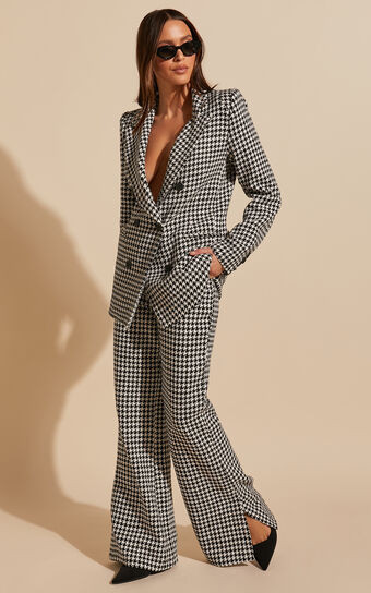 Minie Pants - High Waisted Tailored Split Leg Pants in Black and White Check | Showpo (US, UK & Europe)