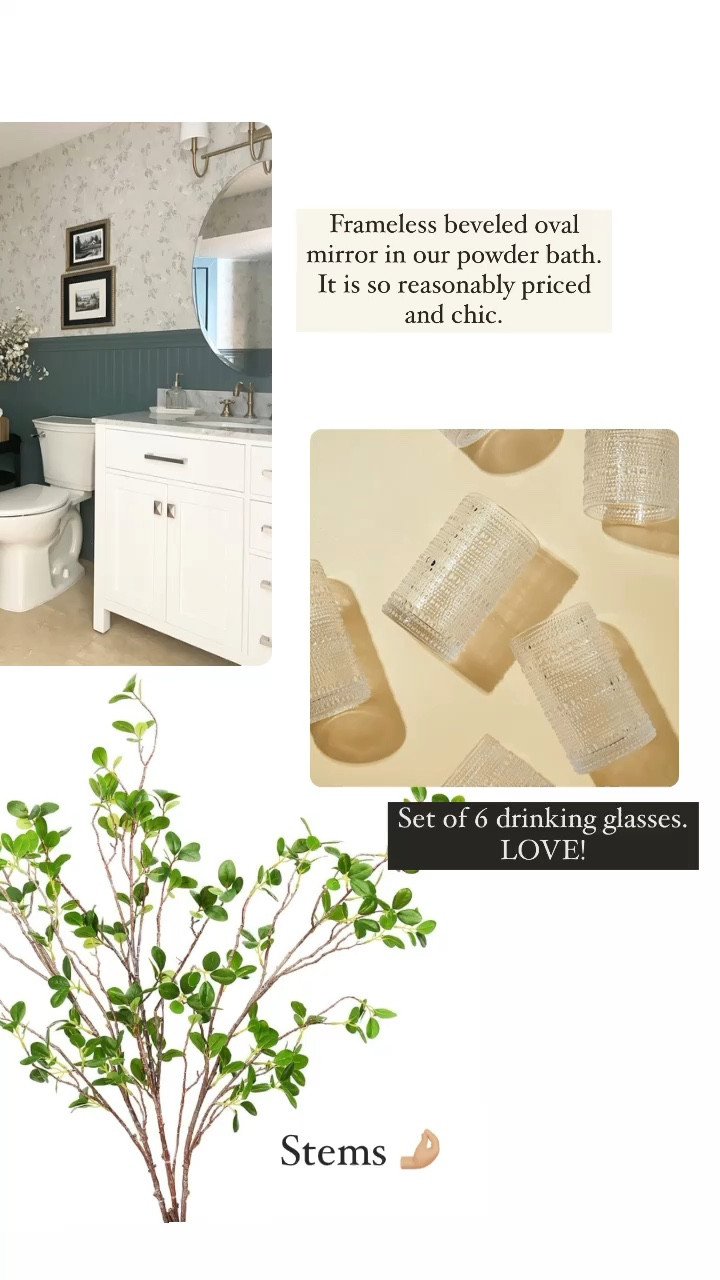 Recent Amazon purchases I’m loving. Beveled frameless oval mirror / hobnail drinking glasses / artificial stems

#LTKstyletip #LTKhome #LTKunder50