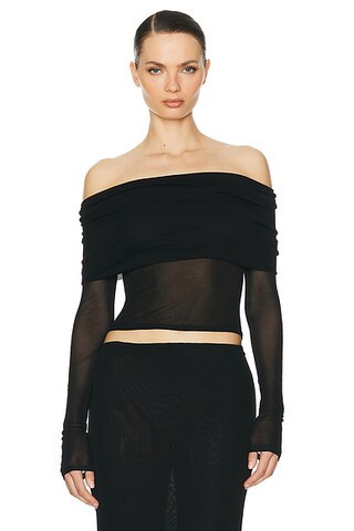 Helsa Sheer Knit Off The Shoulder Top in Black | FWRD | FWRD 