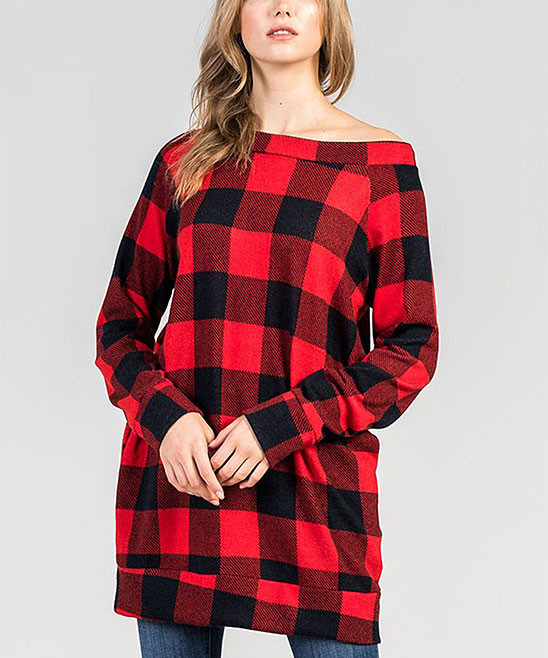 Jardin by Macris Women's Blouses Red - Red Plaid Pocket Top - Women | Zulily