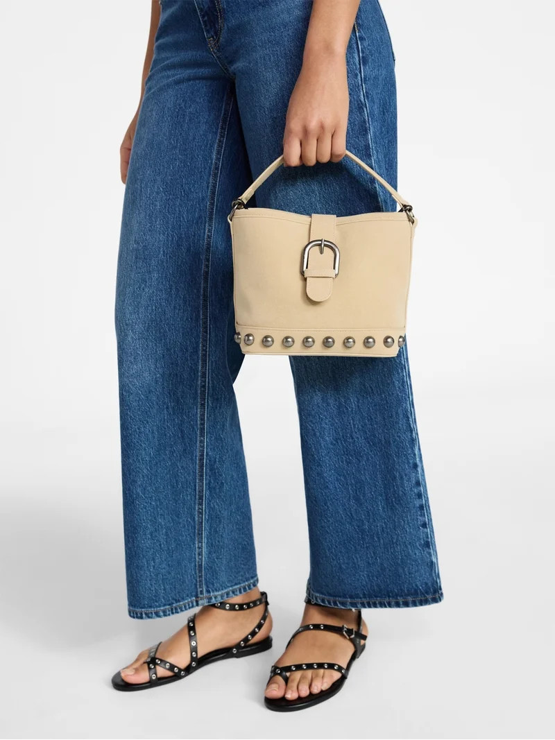 No Boundaries Women's Studded Faux Suede Moto Bucket Bag, Beige | Walmart (US)