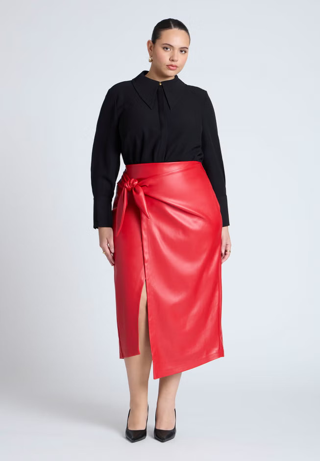 Wrap Front Faux Leather Midi Skirt | Eloquii