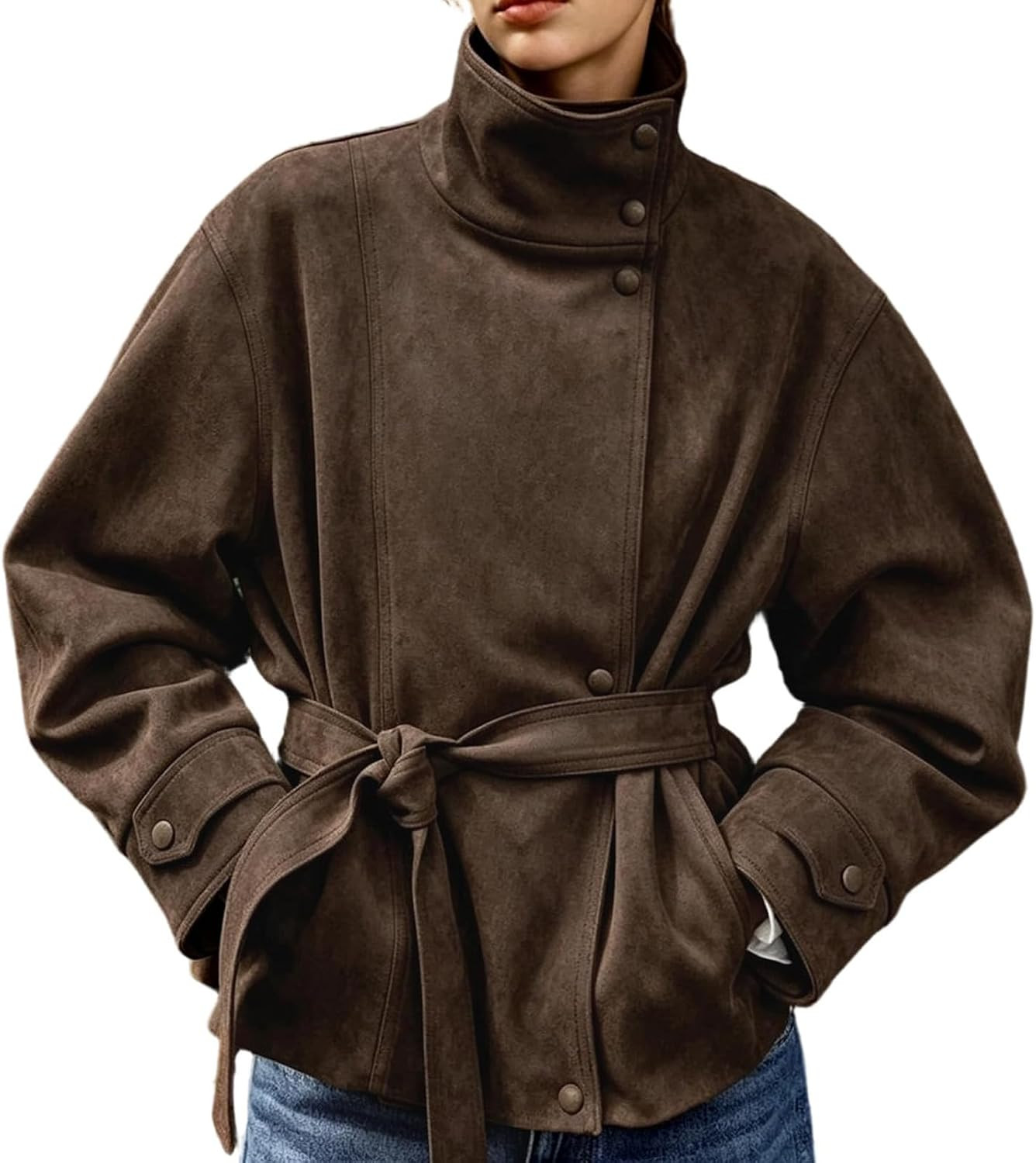 Womens Faux Suede Belted Jacket Stretch Cropped Trench Coat | Amazon (US)