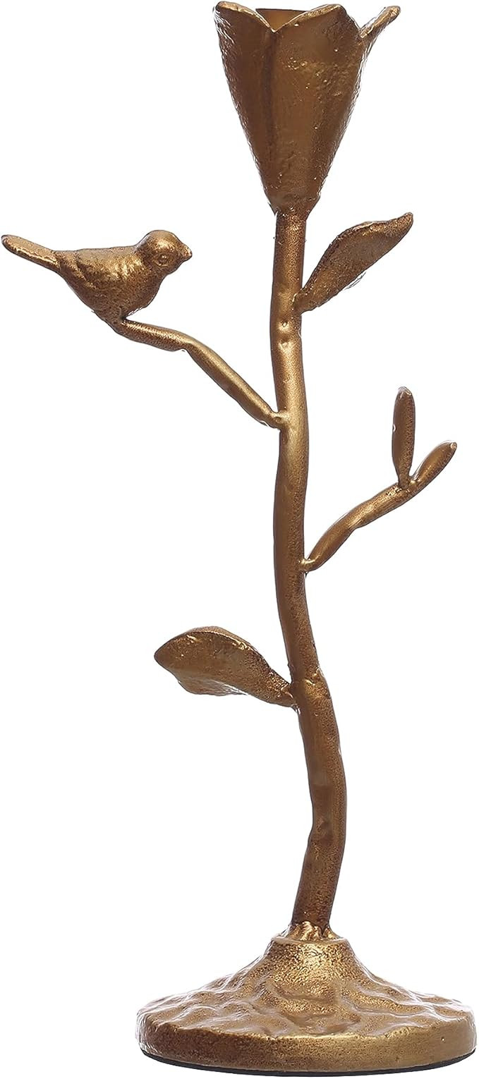 Creative Co-Op Hand-Forged Cast Iron Candelabra with Flowers and Bird, Gold Taper Holder | Amazon (US)