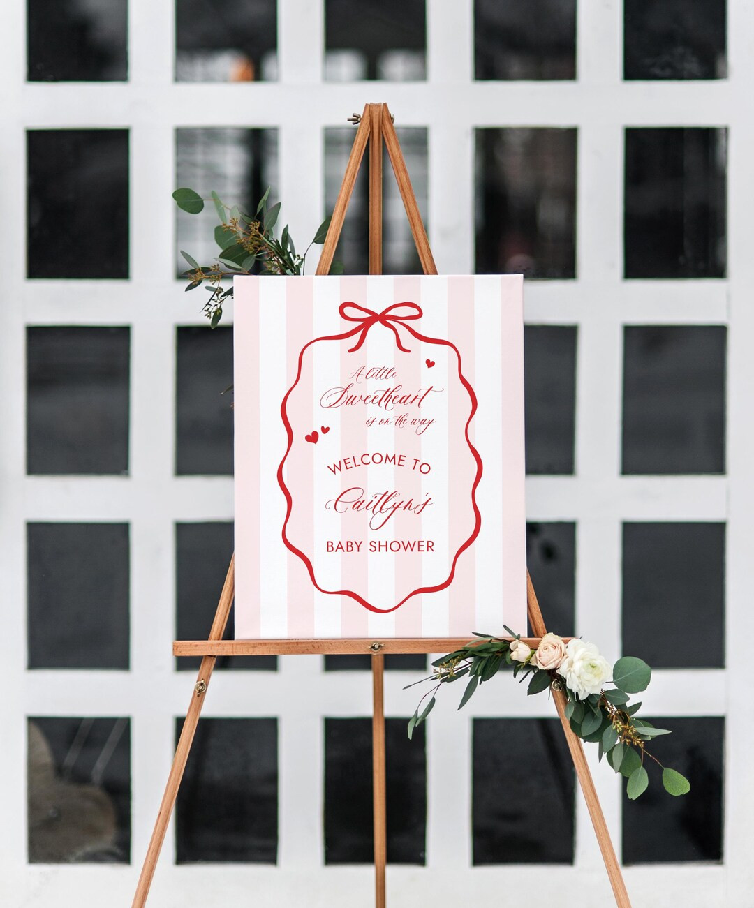 Little Sweetheart Valentines Baby Shower Welcome Sign Template, Pink Stripes Red Bow Coquette Val... | Etsy (US)