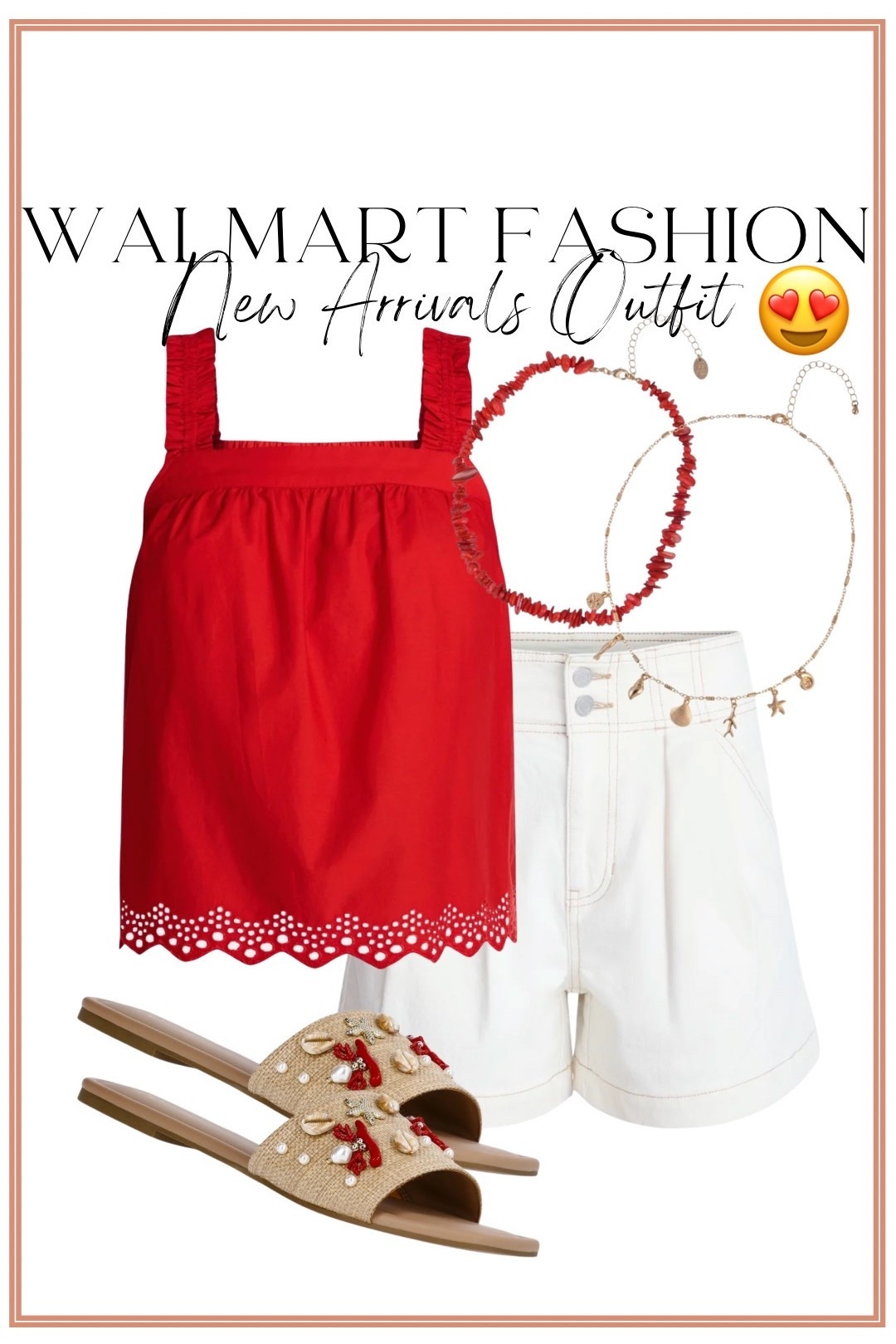 Okay this Walmart summer outfit is TOO cute ❤️🤍 The bright red eyelet top paired with white shorts gives such fun coastal summer vibes and would be perfect for beach trips, summer vacations, cookouts, concerts, or casual date nights!

The shell and coral inspired jewelry makes this outfit feel extra beachy 🐚✨ And can we talk about these adorable embellished sandals?! Such a fun statement piece for summer.

I love how Walmart fashion keeps dropping affordable pieces that look so high end while still being comfortable and easy to style 👏 This whole look screams summer vacation style!

#walmartfashion #summeroutfit #coastalstyle #redtop #whiteshorts #beachstyle #vacationoutfit #summerfashion #affordablefashion #walmartstyle #resortwear #momstyle #walmartfinds #casualsummerstyle #beachyvibes

#LTKootd