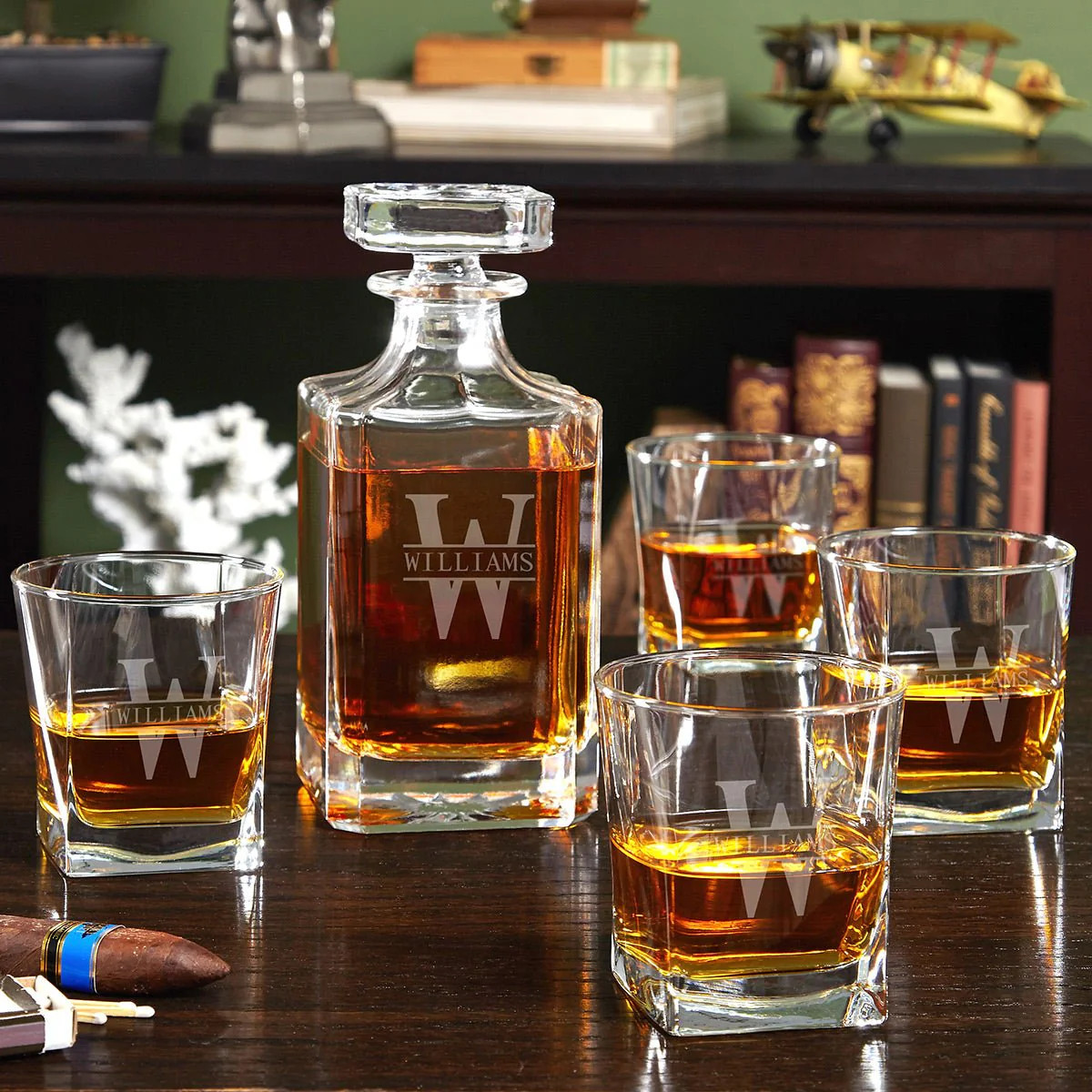 Etched Whiskey Decanter Set with Square Rocks Glasses | HomeWetBar.com