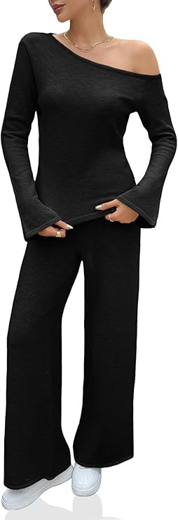 Tankaneo Womens Off the Shoulder 2 Piece Outfits Sweater Sets Bell Sleeve Tops Pants Casual Trend... | Amazon (US)