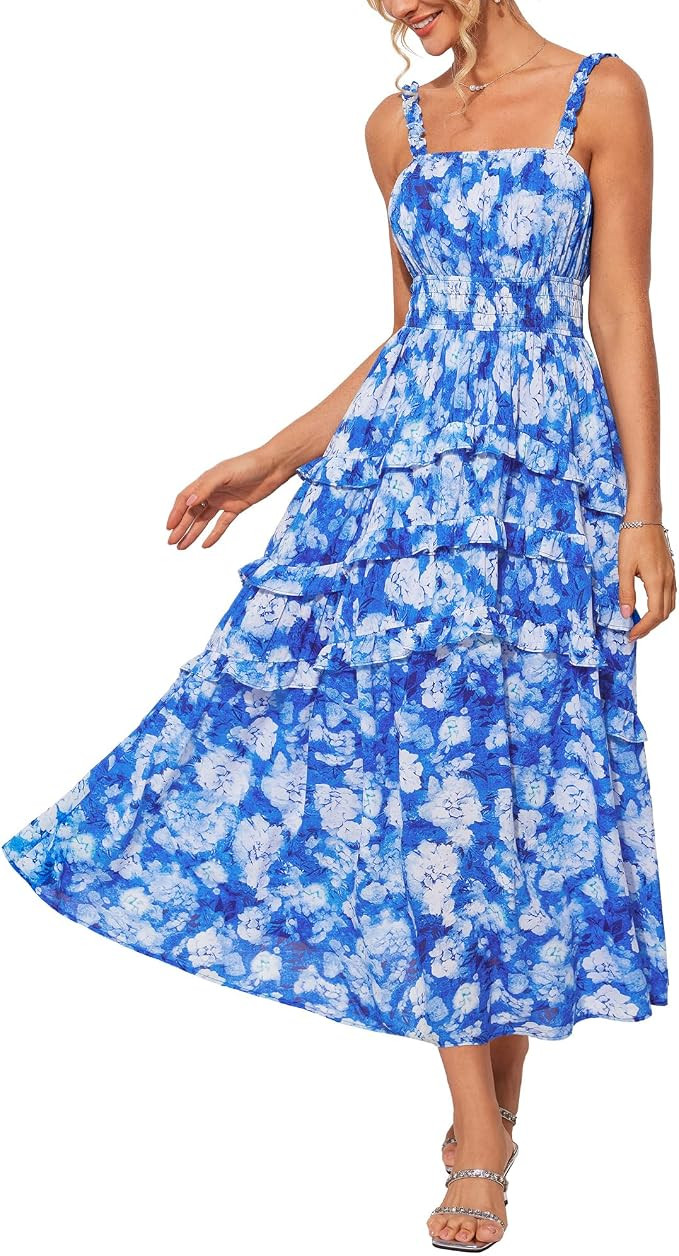 GRACE KARIN Women's Floral Summer Wedding Guest Dresses 2025 Trendy Long Flowy Smocked Tiered Max... | Amazon (US)