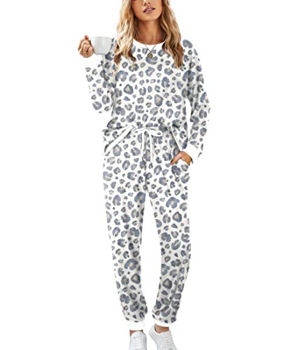 XIEERDUO Womens Pajama Sets White Leopard Print Tops For Women Long Sleeve Crew Neck XXL | Amazon (US)