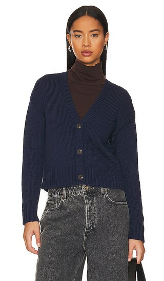 Italian Recycled Cotton Tape V Neck Cardigan in Navy | Revolve Clothing (Global)