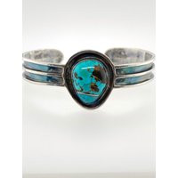 Vintage Artisan Turquoise Sterling Silver Inlay Cuff Bracelet Handmade Signed | Etsy (US)