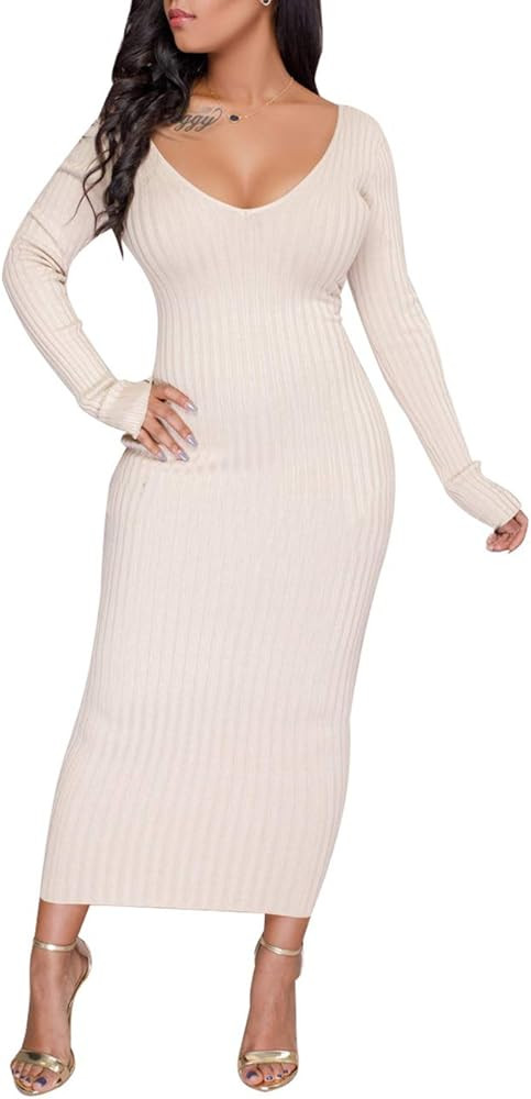 SheKiss Women's Off Shoulder Long Sleeves Bodycon Sweater Dress Sexy Knit Slim Cardigans | Amazon (US)