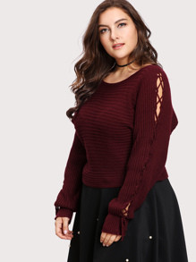 Lace Up Sleeve Waffle Knit Sweater | ROMWE