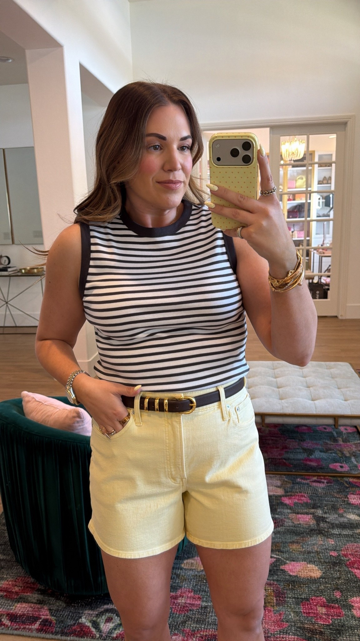 curvy midsize casual summer outfit! wearing size large in brown and white striped tank and size 30 in butter yellow denim shorts. outfit is 20% off with code LTK20

#LTKxMadewell #LTKSeasonal #LTKMidsize