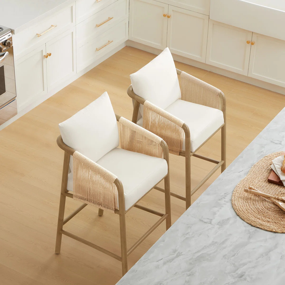 Upholstered Wood and Rope Counter Stools (Set of 2) | Wayfair North America