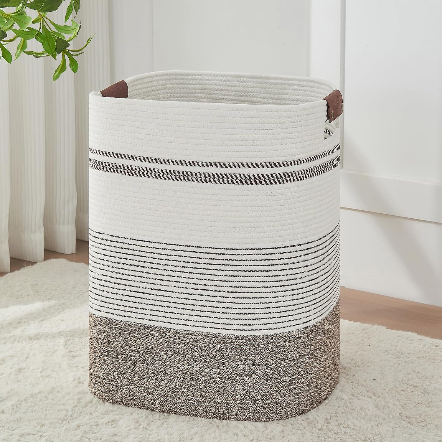 AINUOQI Laundry Hamper - Tall Woven Rope Laundry Basket - Clothes hamper with Leather Handles, 17" X 13.8" X 22", Blanket Storage Basket for Living Room, Rice Brown & White | Amazon (US)