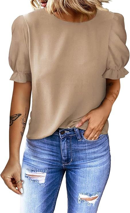 Dokotoo Womens 2023 Summer Short Sleeve Ruffle Puff Sleeve Casual Loose Shirts Tops and Blouses | Amazon (US)