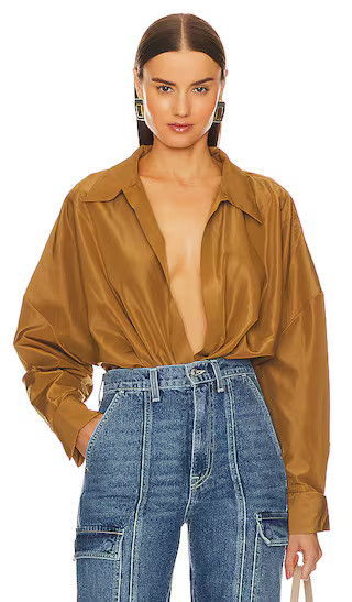 Oversized Boyfriend Shirt Bodysuit in Woods | Revolve Clothing (Global)