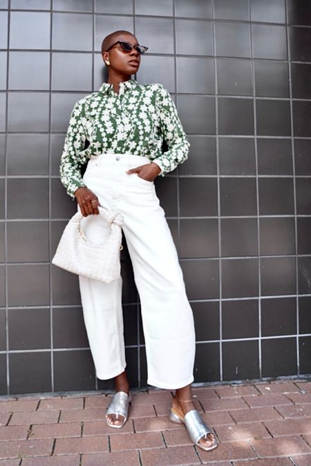 Spring outfit! Green embroidered button up shirt from Sézane, white barrel jeans, silver slides and white braided boho bag  

#LTKfindsunder50 #LTKshoecrush #LTKfindsunder100